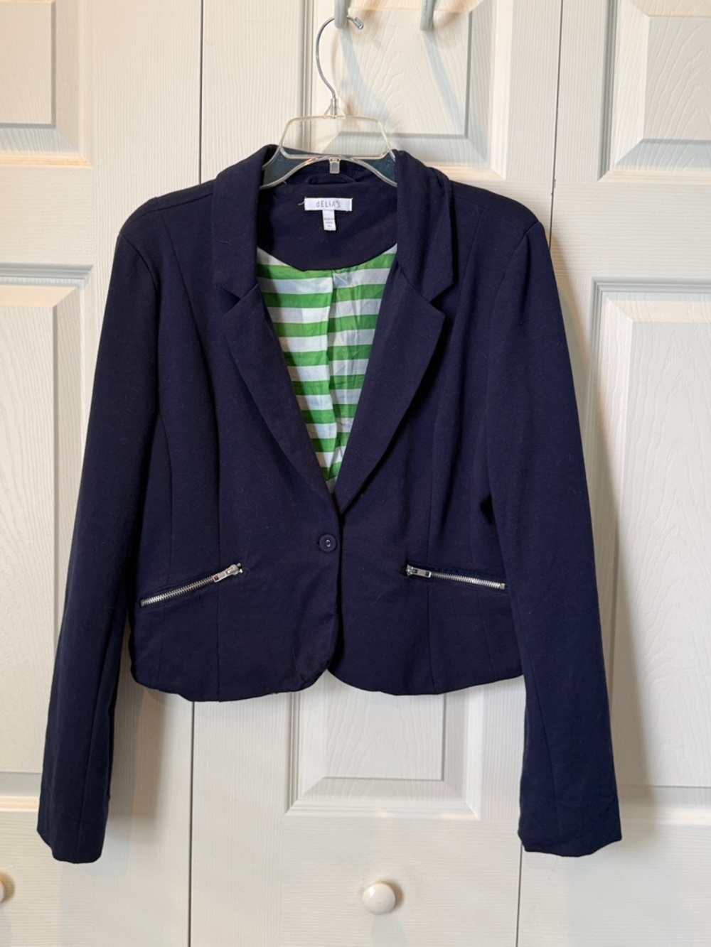 # dELiA*s XL Navy Cropped Blazer with Green-Striped Lining